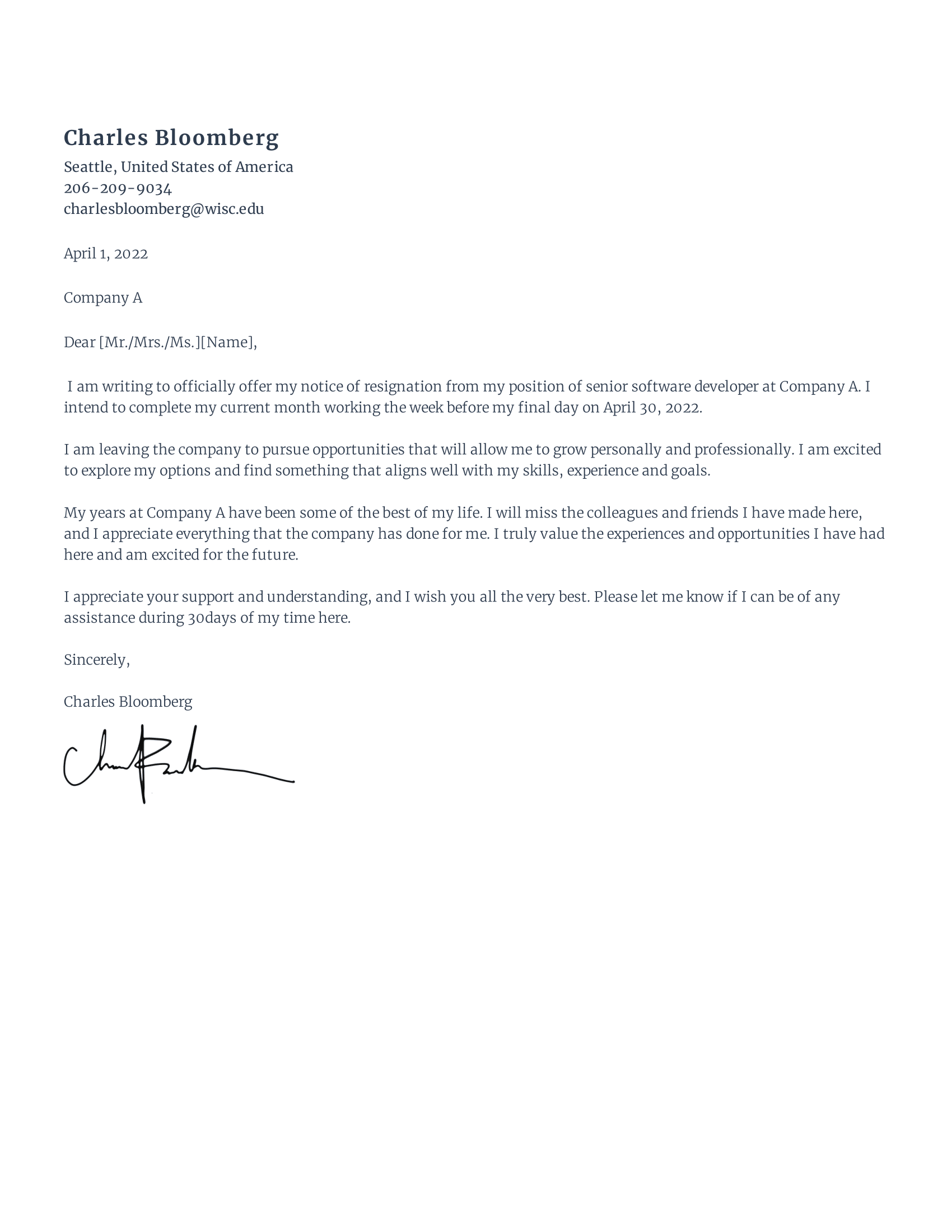 Rezi 30 Day Notice Resignation Letter Template