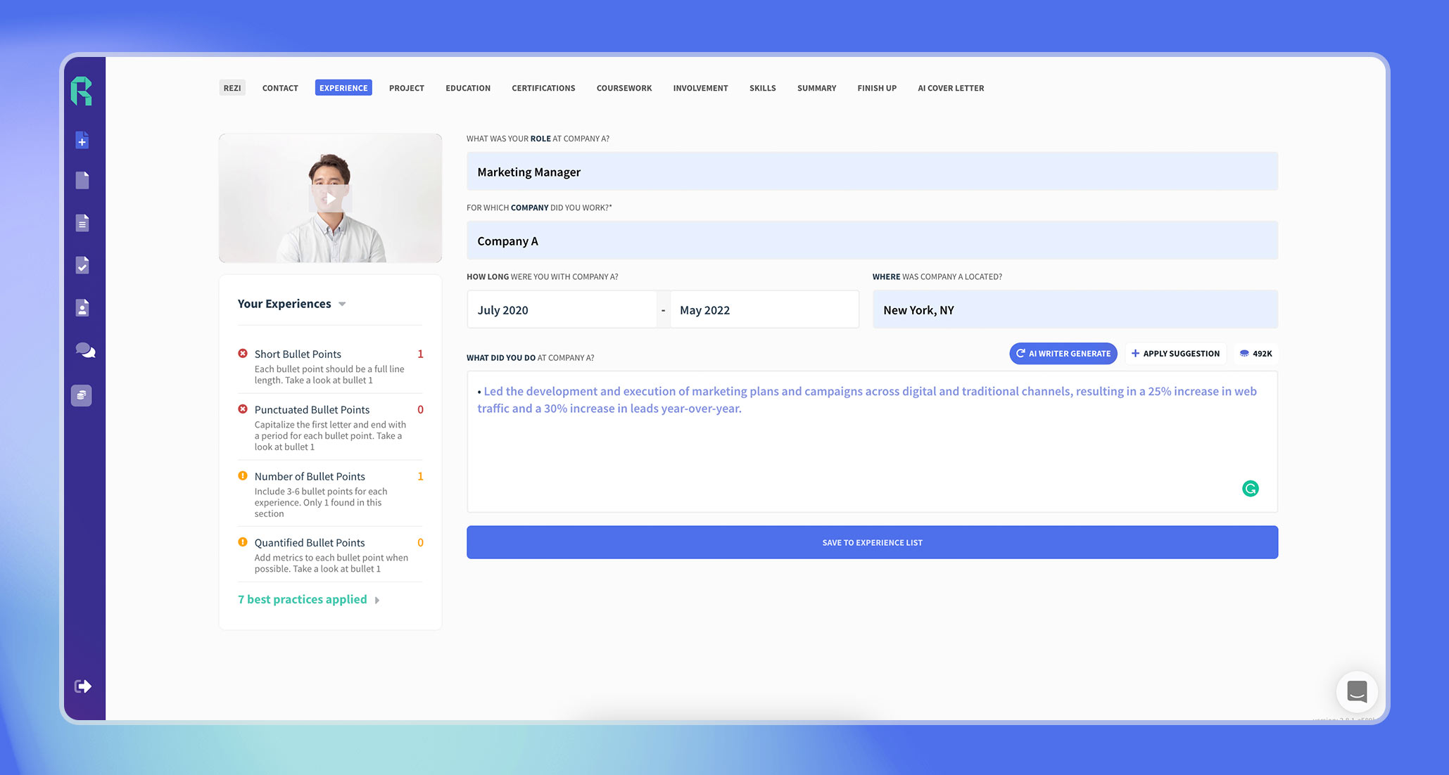 Rezi ai writer that write your resume content automatically based on your role