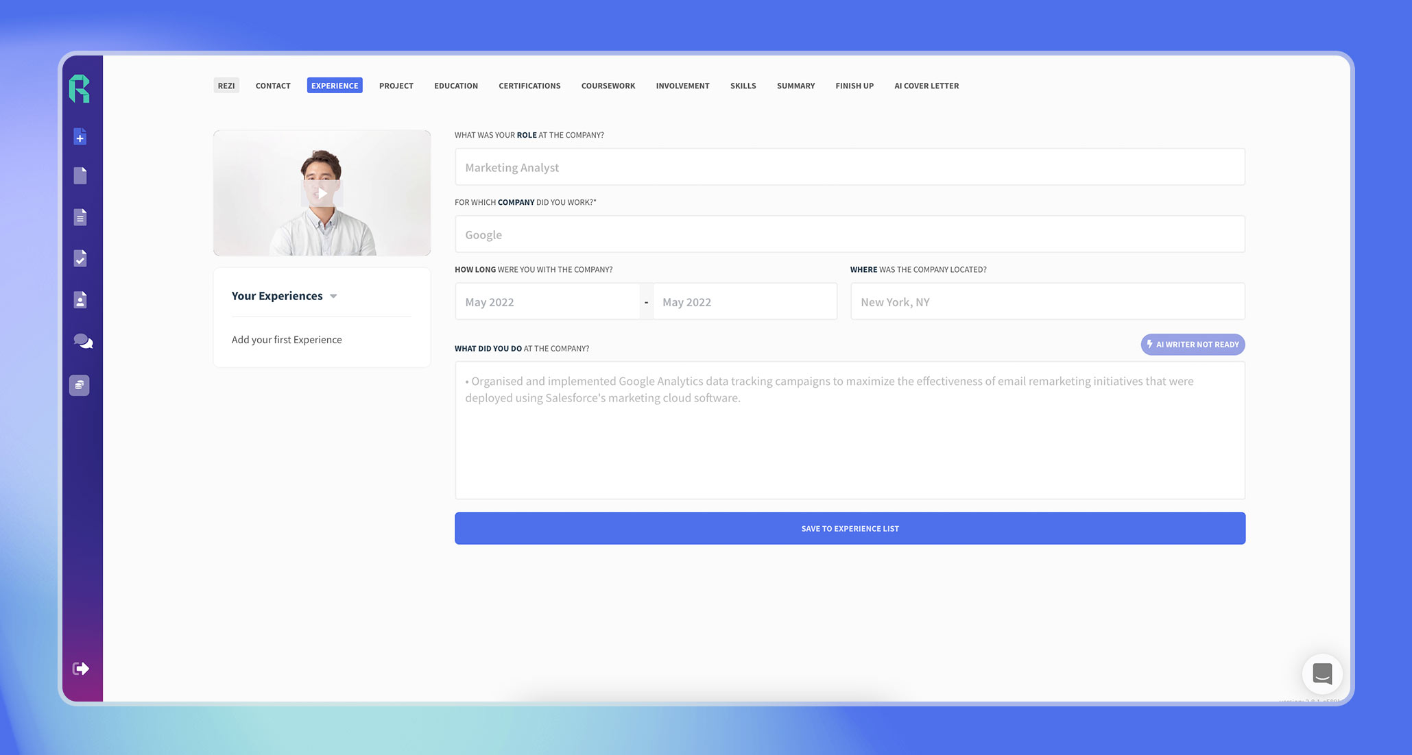 Rezi dashboard experience page