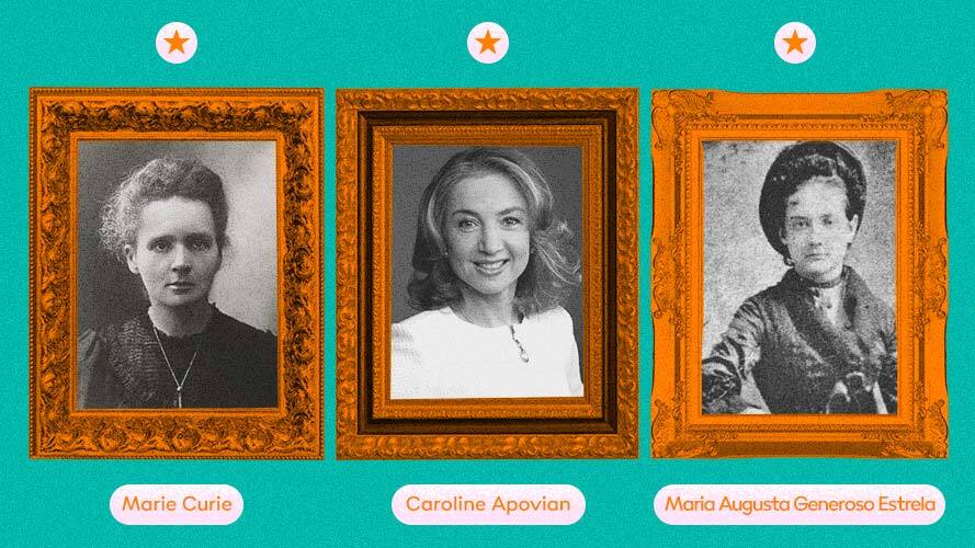 Fotos de Marie Curie, Caroline Apovian e Maria Augusta Generoso Estrela