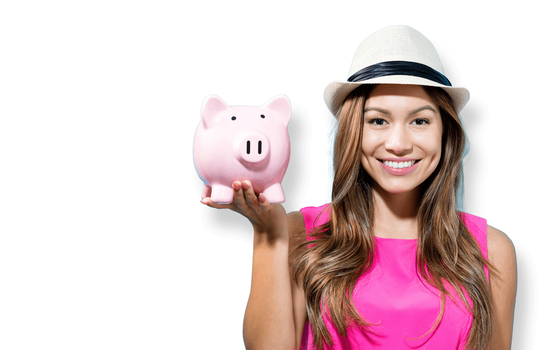 girl with hat holding a piggy bank