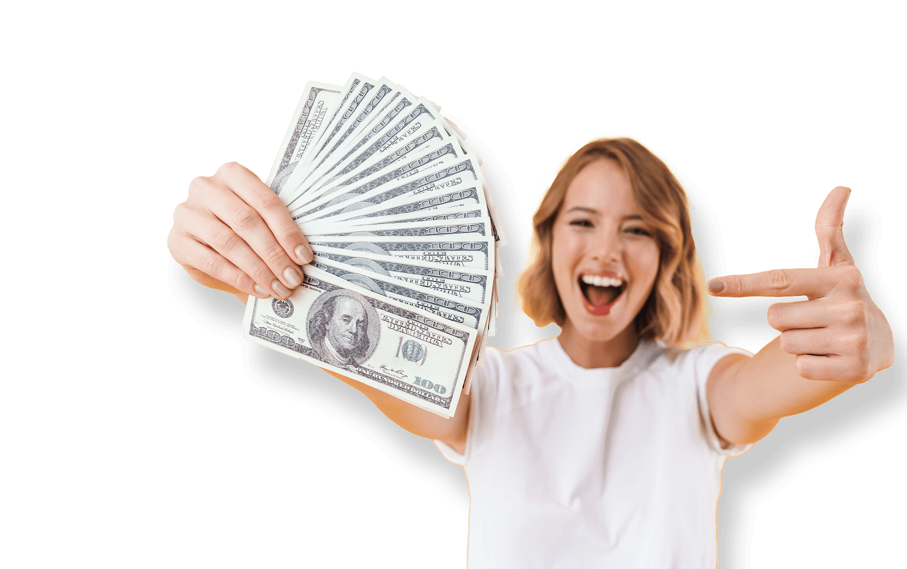 Girl pointing at cash fanned out