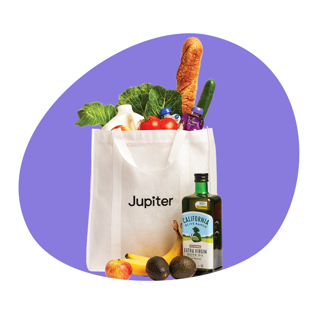 Image of a grocery bag overflowing with produce, olive oil, milk and a loaf of bread.
