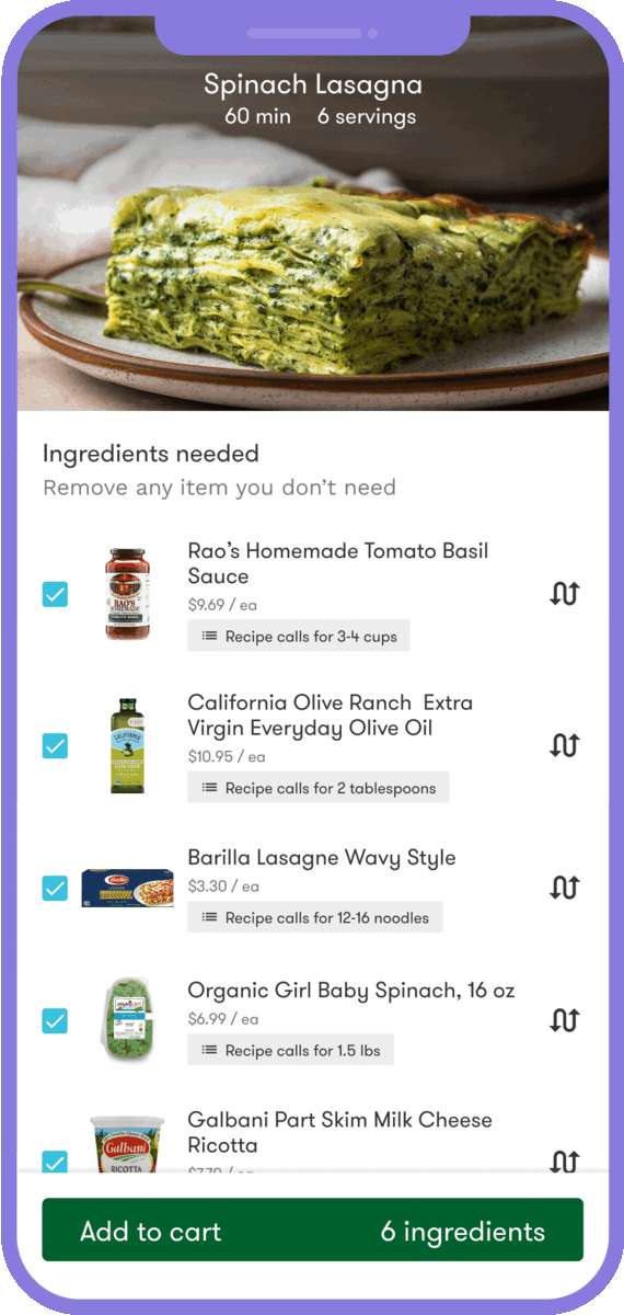 An animated gif that demonstrates how you can remove items you do not want to purchase from recipes by unchecking them.