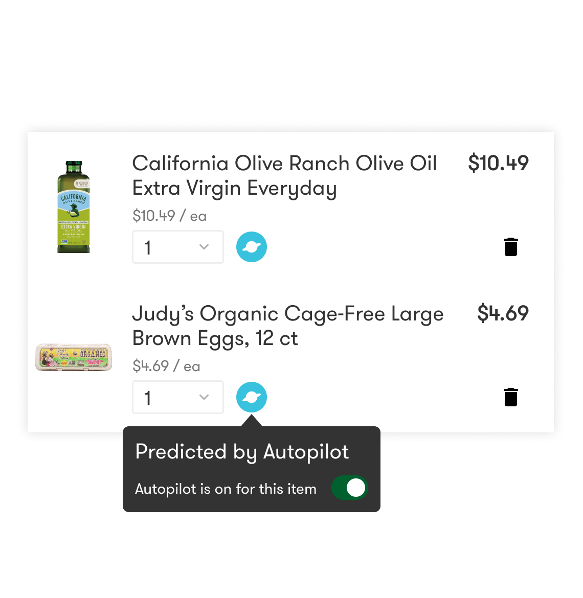 A small demo of Jupiter's UI that shows a carton of eggs with a flag showing it has been automatically added to the customer's cart by Autopilot.