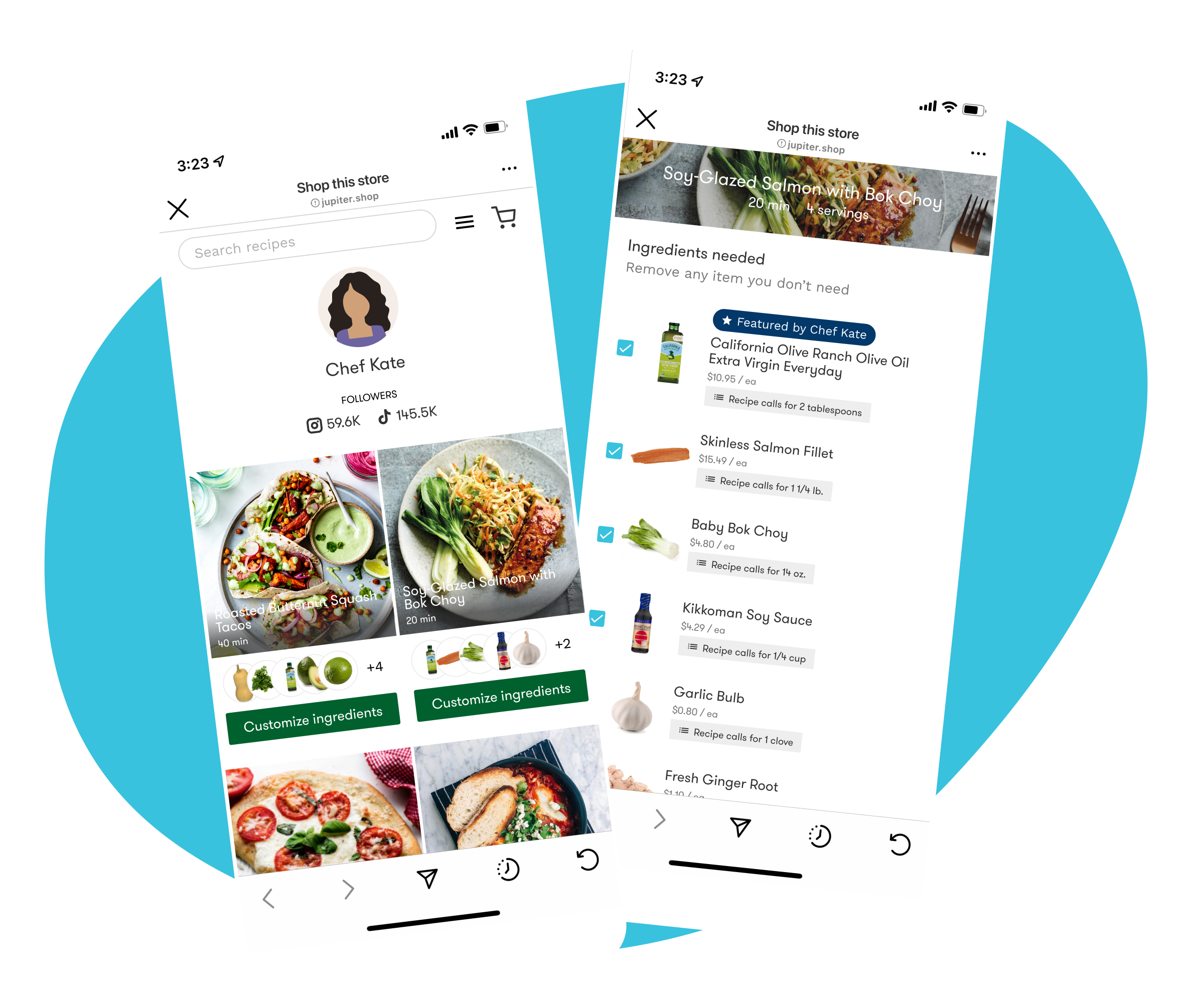 Screenshots of a creator's storefront full of recipes and a second screen displaying all the shoppable ingredients for a recipe.