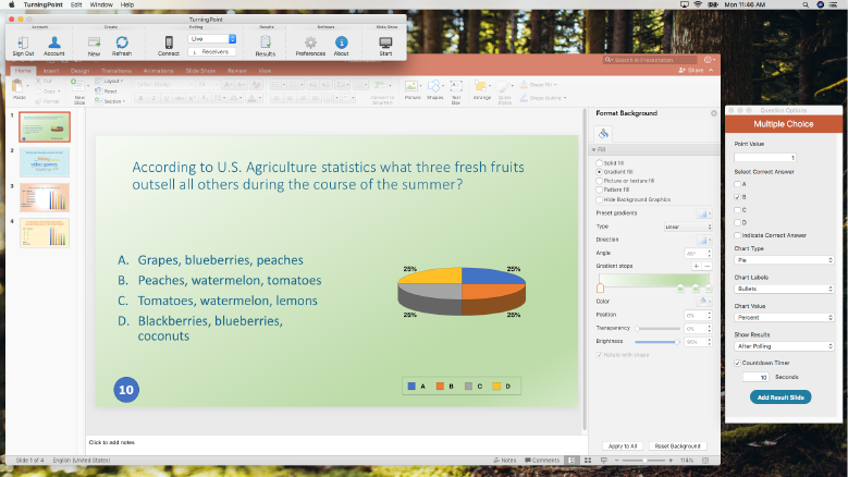 TurningPoint for PowerPoint on a Mac laptop showing pie graph results