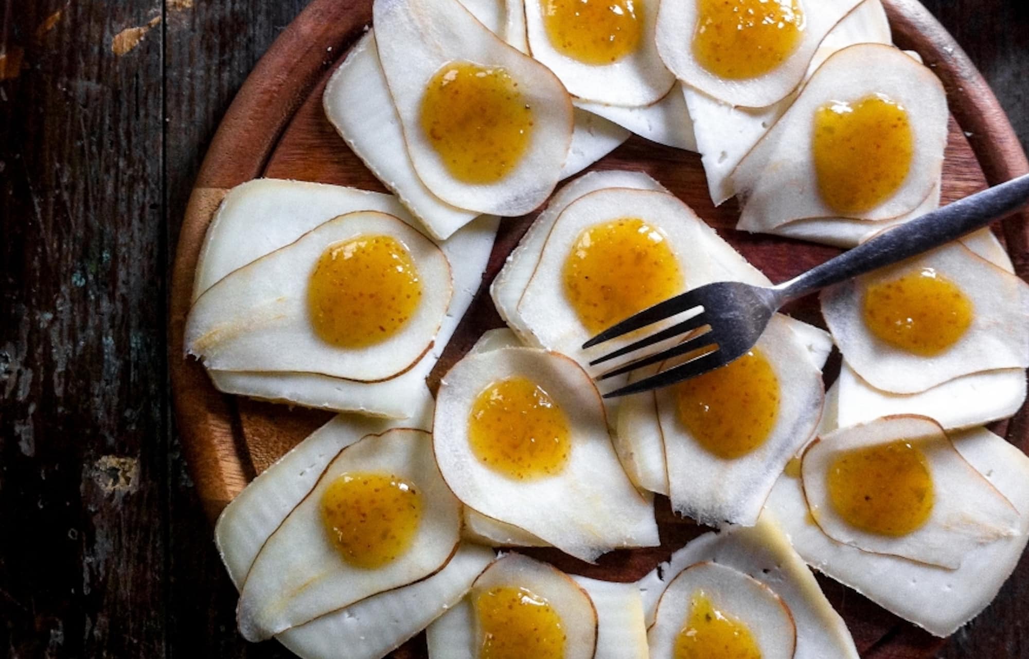 Young Pecorino with Shaved Pear and Fig Jam Edible San Diego Recipe