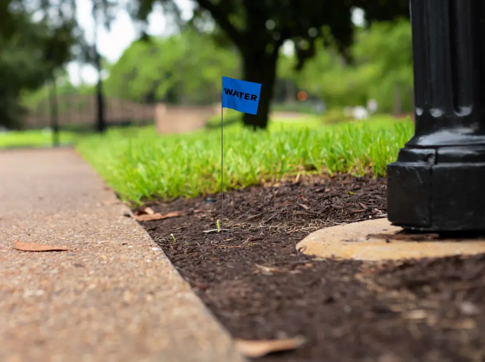A blue flag with the word ‘Water’ on it stuck in the ground.