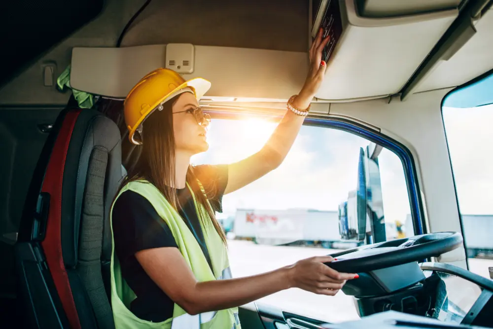 A construction worker presses buttons on an overhead console while driving.