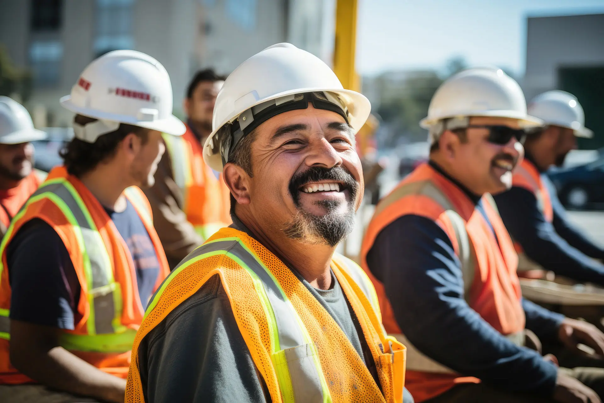 Construction Worker Smiling at Job Site with other construction workers.