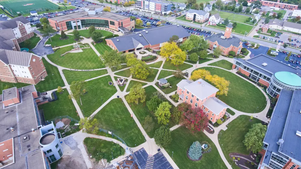 An overhead view of a college campus.