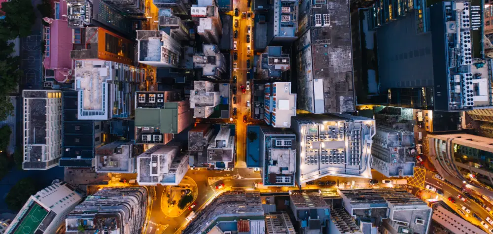 Overhead view of a cityscape.