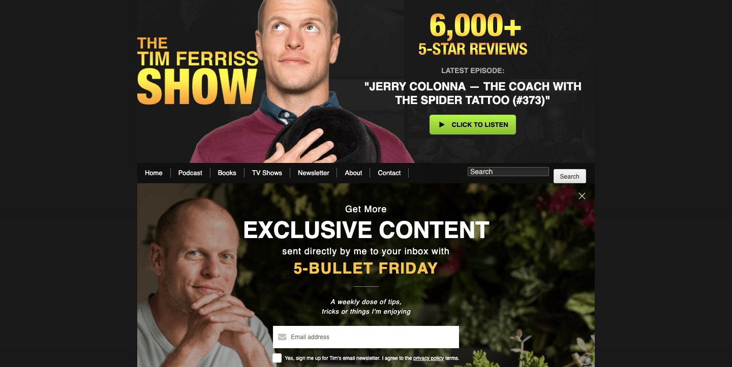 Tim Ferriss homepage.