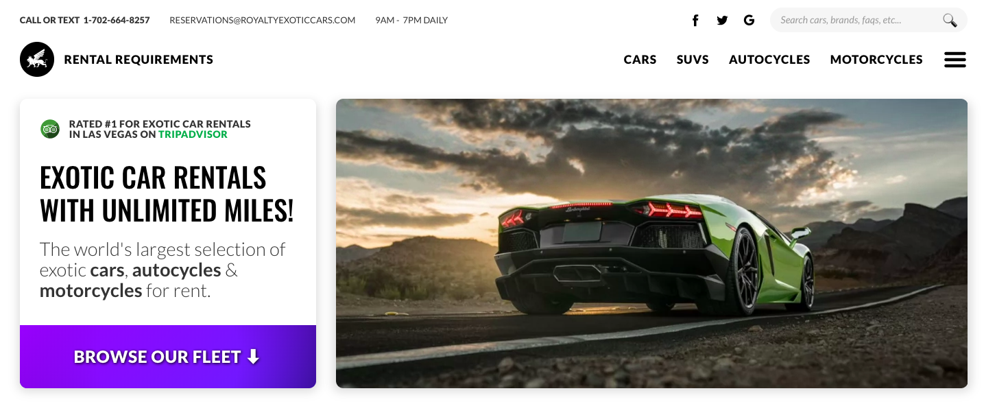 Royalty Exotic Cars homepage hero