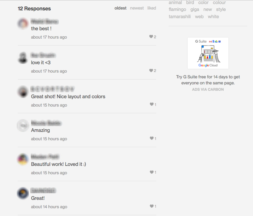 Comment section on a Dribbble post. Names and avatars are blurred. Comments include "the best!", "love it!", "great shot!"