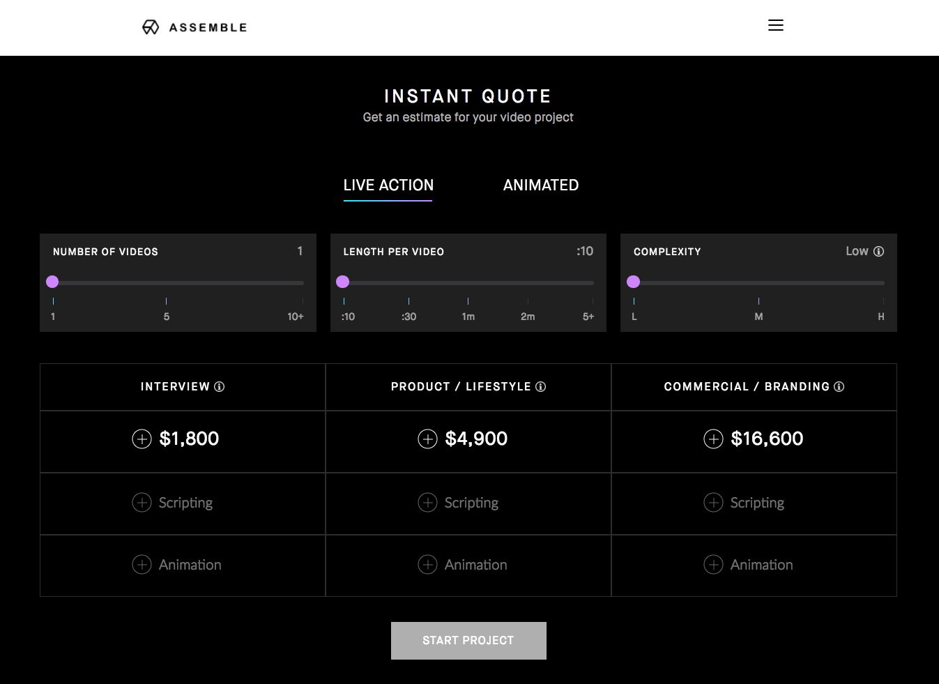 Assemble interactive pricing calculator
