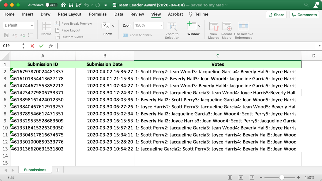 A screenshot of a spreadsheet that RankedVote founder Tad used to calculate votes.