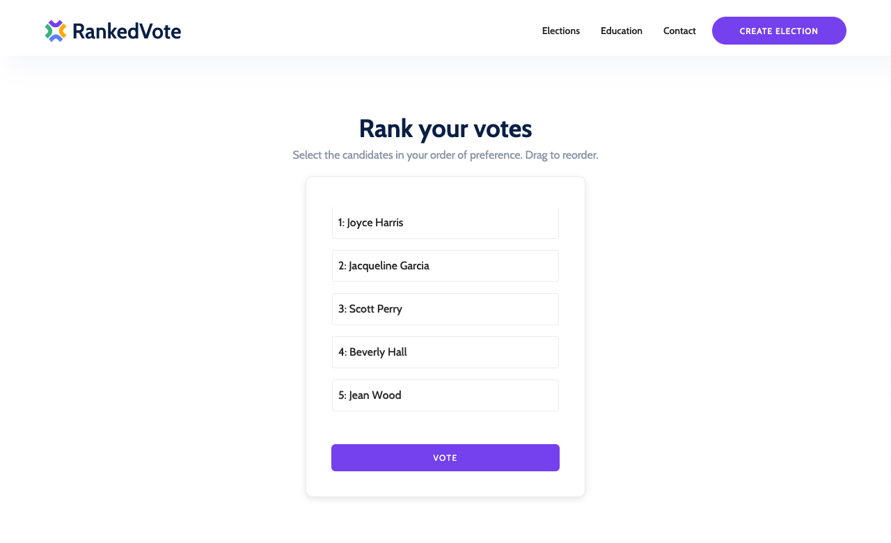 RankedVote prototype page with names that are draggable to reorder, and a vote button.