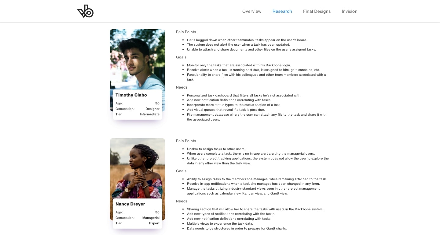 user research on Vance's website