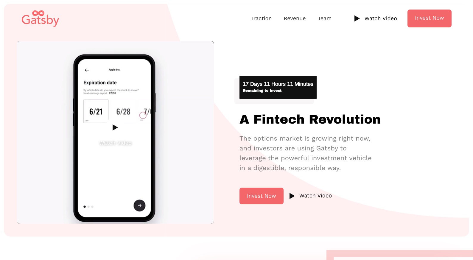 screenshot of Gatsby's investing page