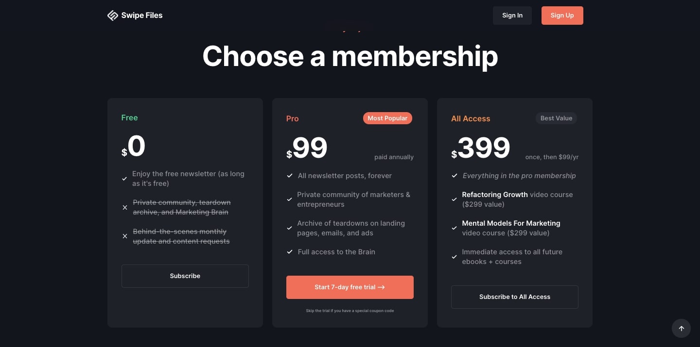 The membership page on the Swipe Files website.