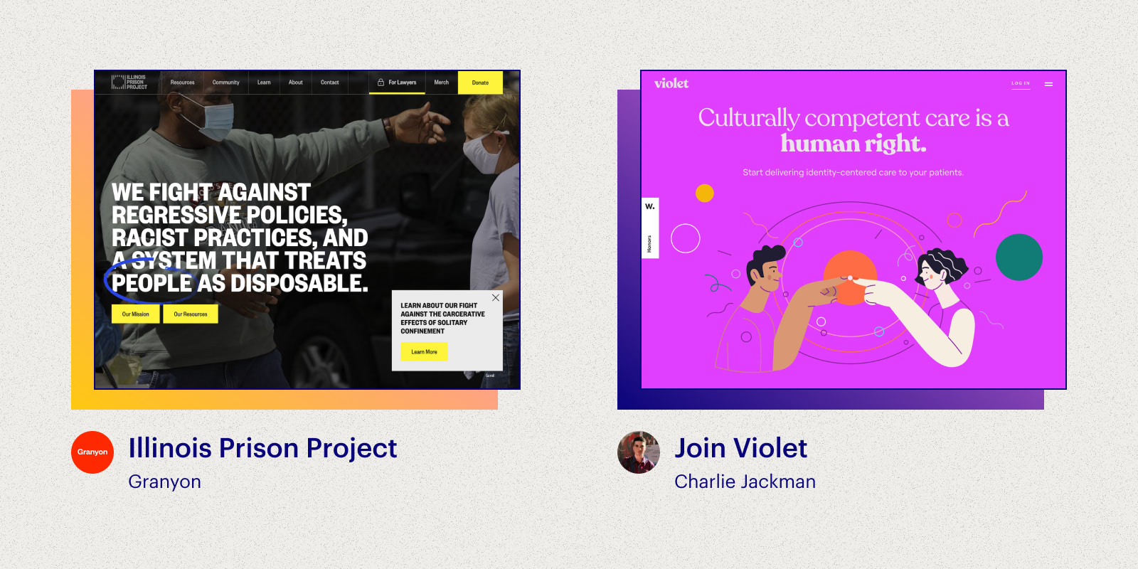 An image of the two winning websites in the Inclusivity and Social Impact categories. The winners are the Illinois Prison Project and Join Violet.