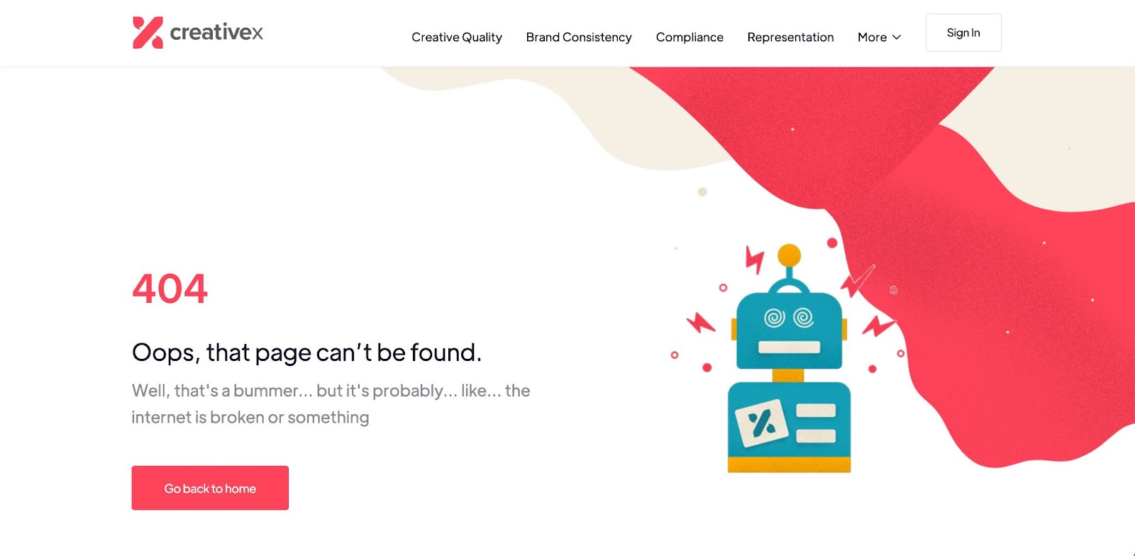 An image of CreativeX's website 404 page. It has an image of a cartoon robot malfunctioning with the headline "Oops, that page cant' be found."