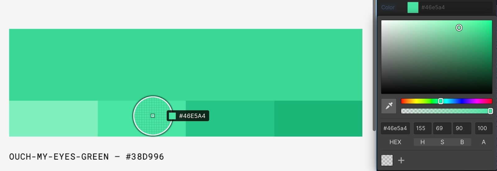 Screenshot of eye dropper tool choosing a shade of green called "ouch-my-eyes-green - #38D996"