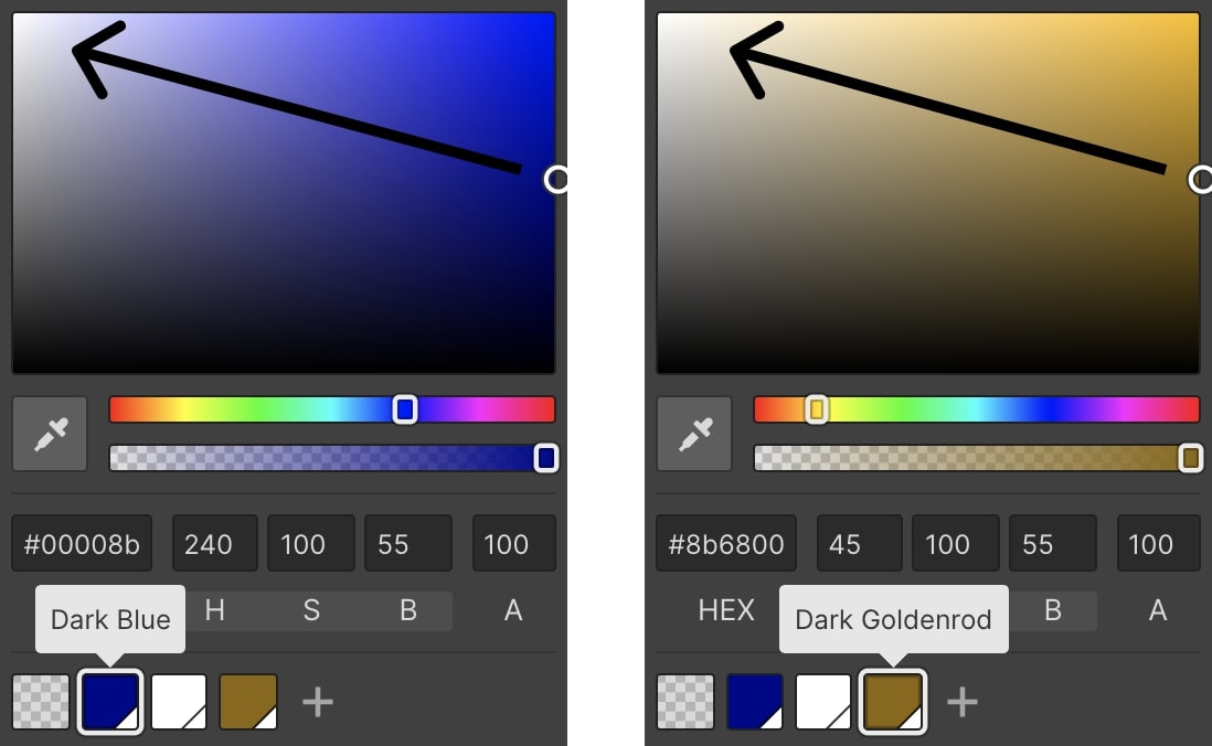 Two color pickers side by side. Left shows shades of blue with an arrow pointing diagonally up from bottom right to upper left, indicating moving towards a white area. Right shows dark goldenrod color with an arrow pointing diagonally up from bottom right to upper left, indicating moving towards a white area