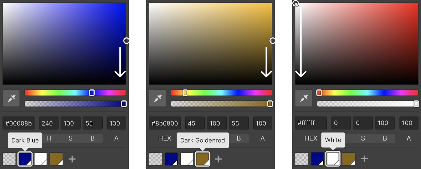 Three color pickers side by side. Left shows shades of blue with an arrow on the right side pointing down towards black. Middle shows dark goldenrod with an arrow on the right side pointing down towards black. Right shows shades of red with an arrow on the left side, pointing down towards black. 