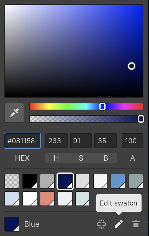 Screenshot Finesso Website color palette, showing shades of blue in main box and 2 rows 8 complementary colors