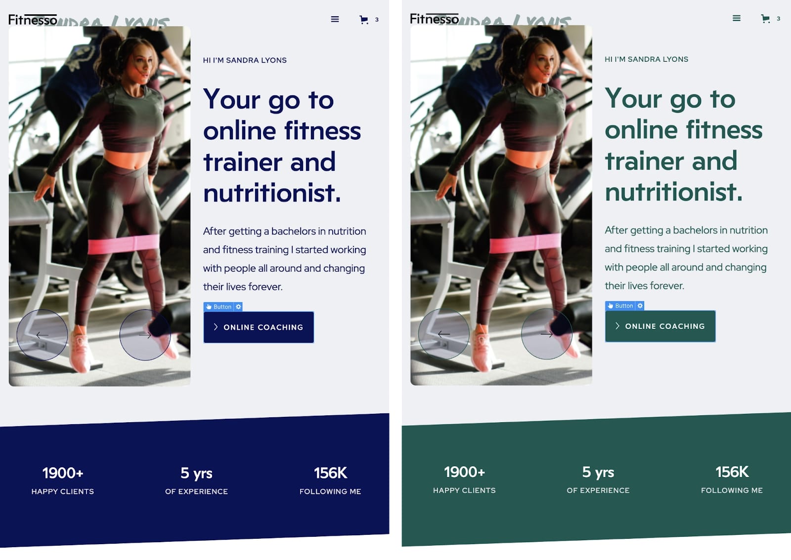 Screenshot showing two versions of the same page. Both images have a photo of a woman in workout leggings and long-sleeve workout crop top in hunter green. Woman has a pink resistance band around her thighs. Both images have placeholder text and an "online coaching" button. Left image shows text and button in dark blue. Right image shows text and button in emerald green.