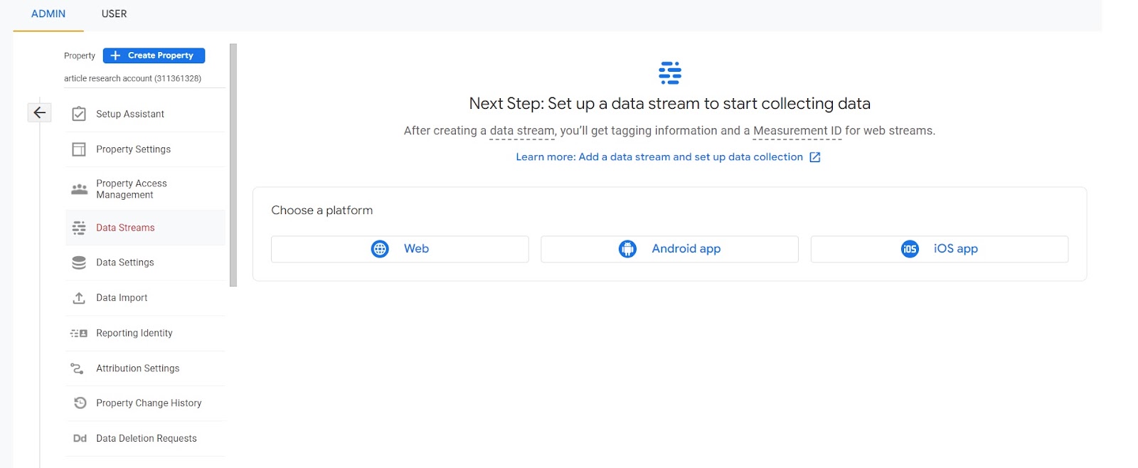 An image of where you can choose a platform for Google Analytics to track.