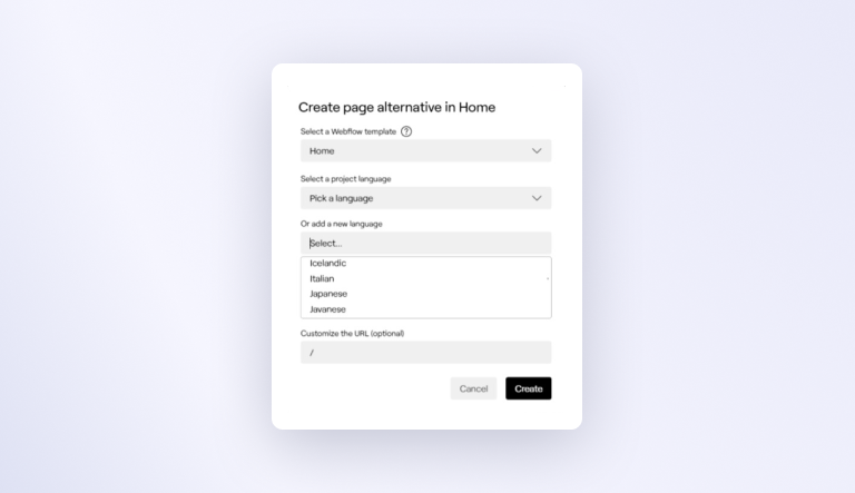 Image of Polyflow menu for "Create page alternative in home" showing dropdown menus of different languages