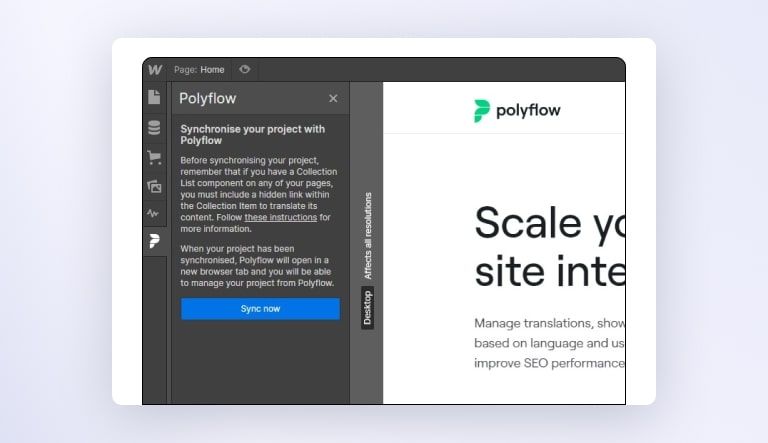 Screenshot of Webflow Designer showing option to sync with Polyflow