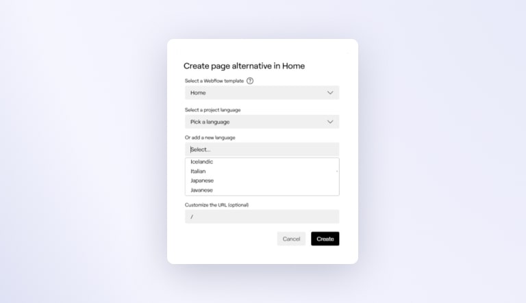 Screenshot with title "Create page alternative in Home" with drop drown of language options.