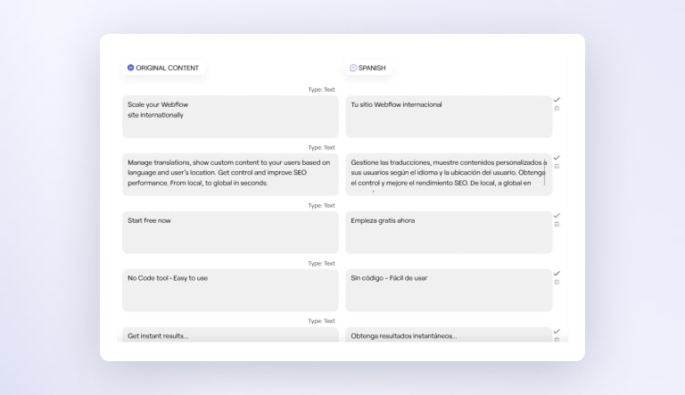 Screenshot of Publish screen showing two columns: original content and Spanish