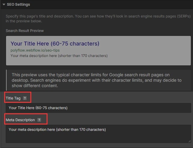 Webflow SEO setting, title tag and meta description fields highlighted