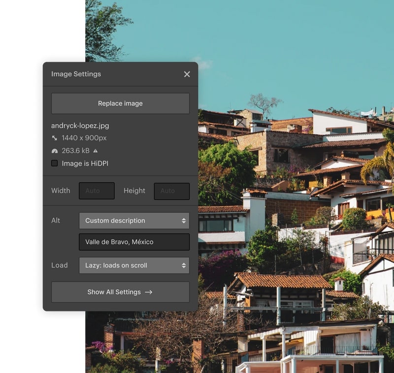 Photo of houses with Image Settings panel on top.
