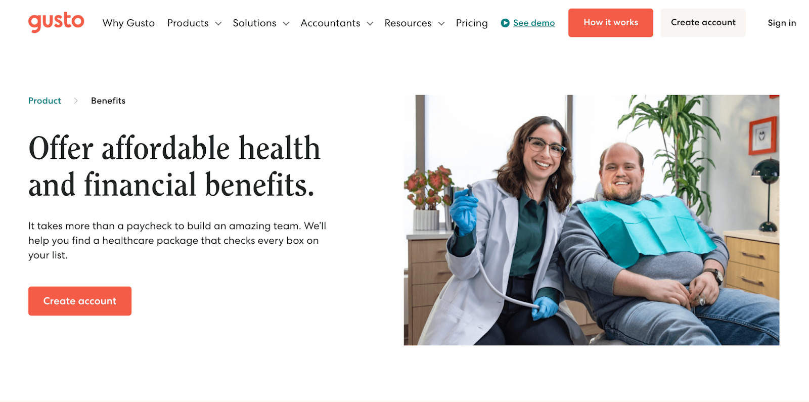 Gusto's Benefits landing page screenshot