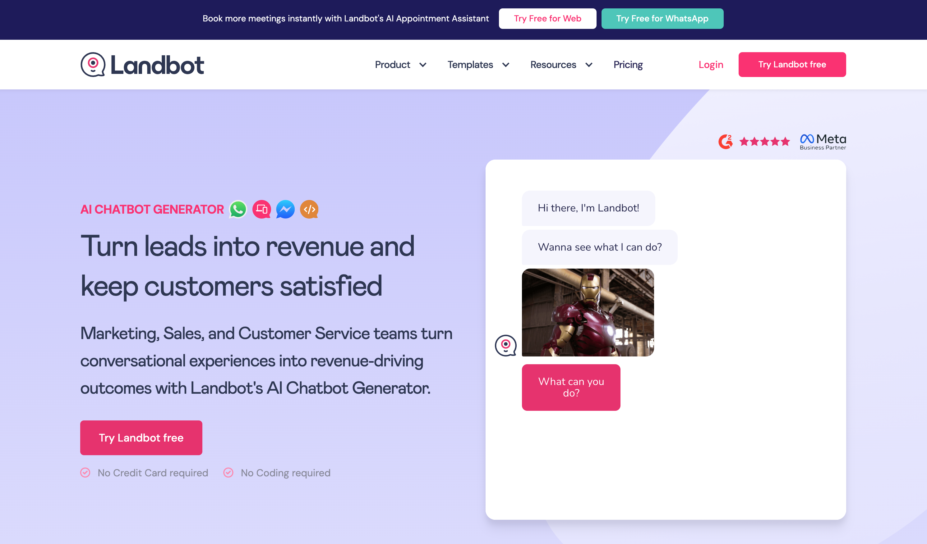 Screenshot of Landbot's homepage
