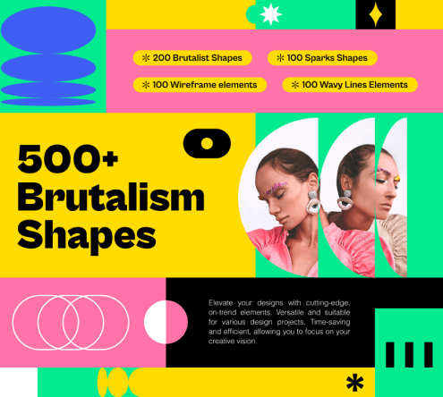 Create brutally beautiful designs using this massive 500 piece brutalism shapes pack, free in Figma.