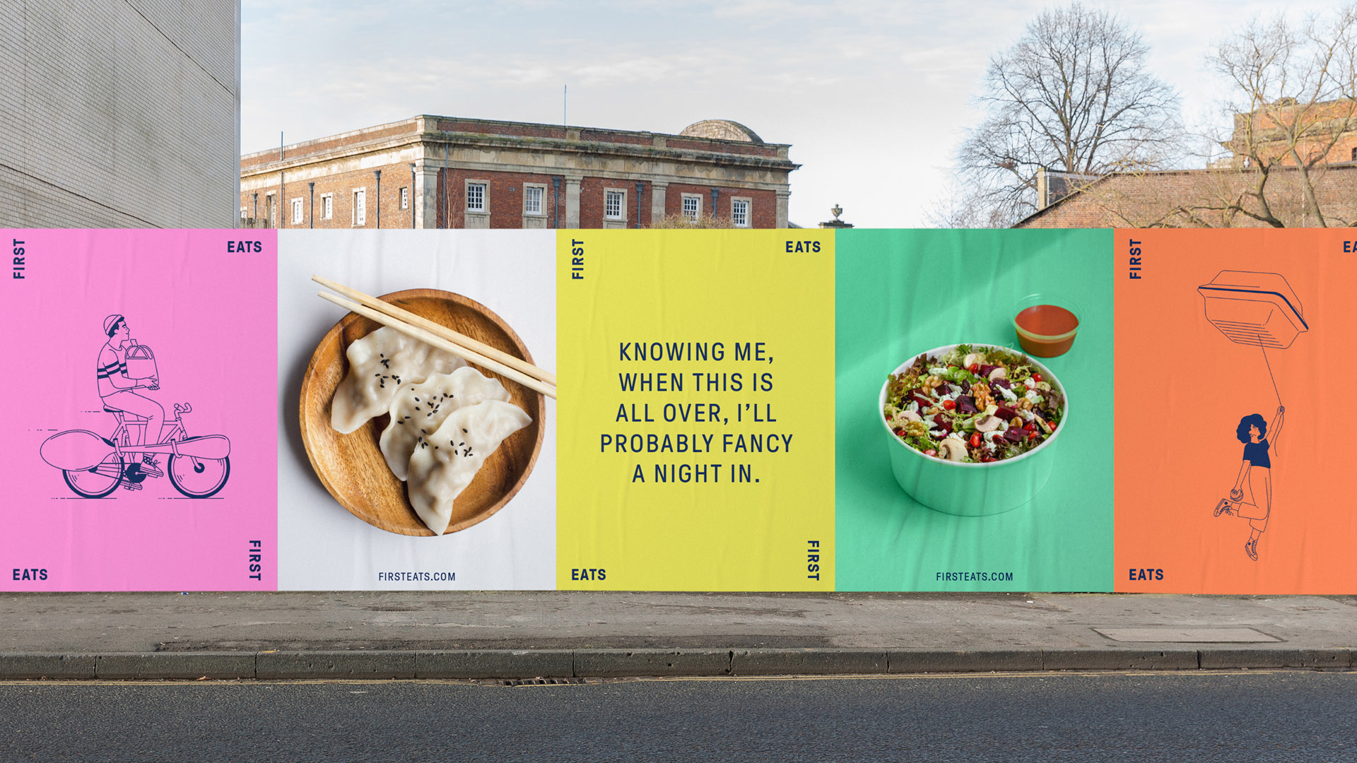 First Eats poster design on sidewalk