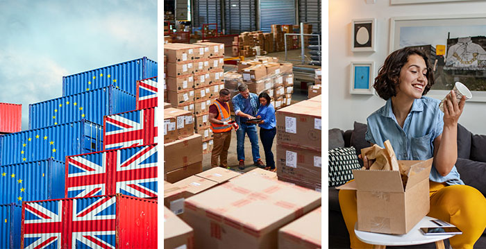 The image has three images within it. From left to right: container bins with the stacked with the European Flag on and the UK flag painted on them; workers working with a software in a warehouse; a customer opening up a package.