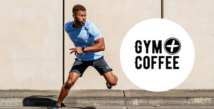 An image of a man exercising with the Gym+Coffee logo on the image.