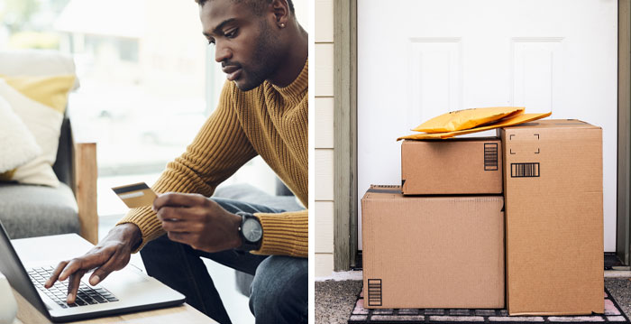 On the left side: A man shopping online with his credit card. On the right side: Packages sitting on a doorstep.
