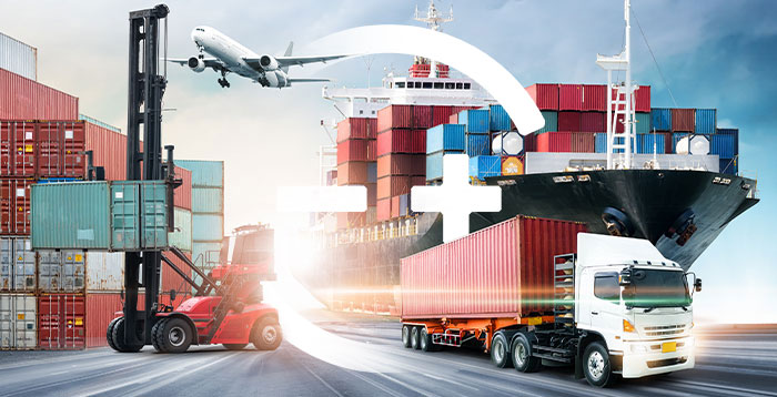 Shipping containers on a dock, shipping containers on a boat, a truck and a plane.
