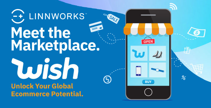 Artwork showing a mobile phone displaying four squares in it with the Wish logo, a watch, shoes and a phone.