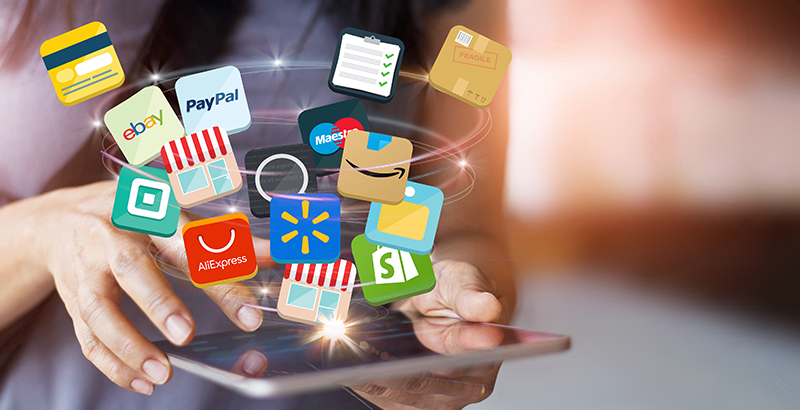 Logos of different marketplaces and sales channels including Shopify and eBay.